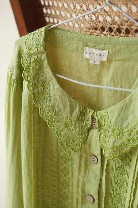 Banera_Green Cotton Embroidery, Cut Work Collared Elanor Floral Threadwork Bodice Top _at_Aza_Fashions