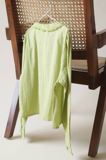 Buy_Banera_Green Cotton Embroidery, Cut Work Collared Elanor Floral Threadwork Bodice Top 