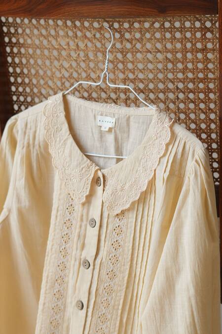 Shop_Banera_Peach Cotton Embroidery, Cut Work Collared Elanor Threadwork Bodice Top _Online_at_Aza_Fashions