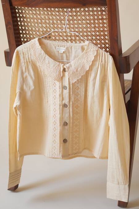 Buy_Banera_Peach Cotton Embroidery, Cut Work Collared Elanor Threadwork Bodice Top 