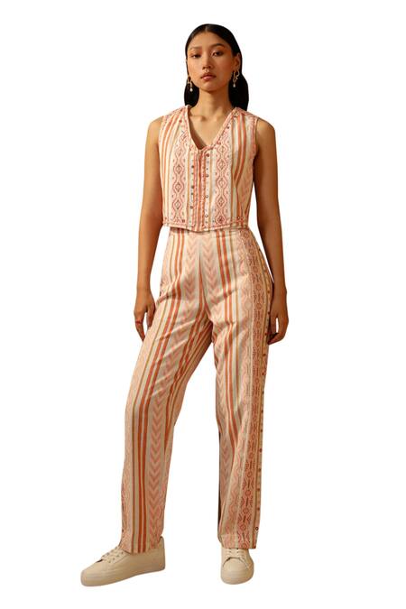 Muvazo Orange Cotton, Jacquard Mirrors, Embroidery Kutch Karigari Waistcoat With Pant at Aza Fashions Muvazo_Orange Cotton, Jacquard Mirrors, Embroidery Kutch Karigari Waistcoat With Pant _at_Aza_Fashions