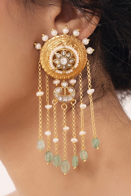 Shop Joules By Radhika Gold Plated Pearls, Diamonds Polki And Embellished Sophisticated Danglers at Aza Fashions Shop_Joules By Radhika_Gold Plated Pearls, Diamonds Polki And Embellished Sophisticated Danglers _at_Aza_Fashions