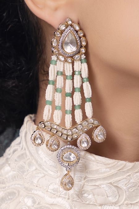 Shop Joules By Radhika Gold Plated Pearls, Diamonds Tear Drop Shaped Earrings at Aza Fashions Shop_Joules By Radhika_Gold Plated Pearls, Diamonds Tear Drop Shaped Earrings_at_Aza_Fashions