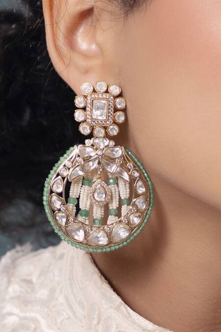 Shop Joules By Radhika Gold Plated Pearls, Stones, Cut Work Half Crescent Carved Chandbalis at Aza Fashions Shop_Joules By Radhika_Gold Plated Pearls, Stones, Cut Work Half Crescent Carved Chandbalis_at_Aza_Fashions