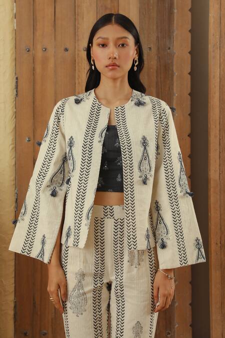 Buy_Muvazo_White , Satin Beads, Tassels, Sequins, Boteh Print Jacket Pant Set 