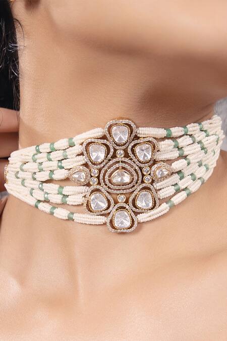 Joules By Radhika_Gold Plated Polki Embellished Multi Strand Choker Necklace _Online_at_Aza_Fashions