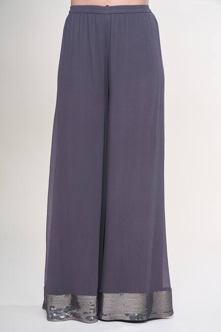 Nakul Sen_Grey Silk, Chiffon Sequins Keyhole Neck, Embroidered Jacket Farshi Palazzo Set_at_Aza_Fashions