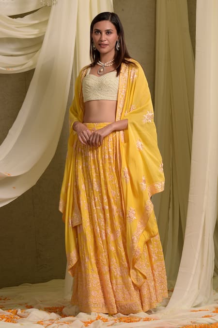 Shop_Tasuvure Indes_Yellow Georgette Pearls Sweetheart Neck Reyna Embroidered Lehenga Set With Cape _at_Aza_Fashions
