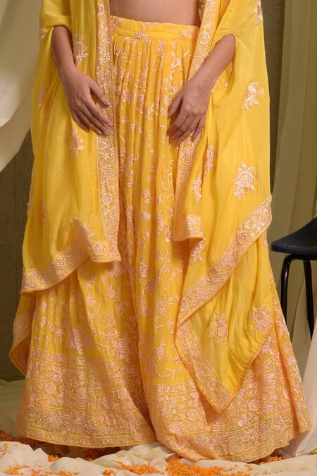 Buy Tasuvure Indes Yellow Georgette Pearls Sweetheart Neck Reyna Embroidered Lehenga Set With Cape Online at Aza Fashions Buy_Tasuvure Indes_Yellow Georgette Pearls Sweetheart Neck Reyna Embroidered Lehenga Set With Cape _Online_at_Aza_Fashions