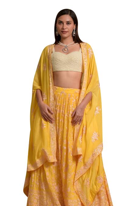 Shop Tasuvure Indes Yellow Georgette Pearls Sweetheart Neck Reyna Embroidered Lehenga Set With Cape Online at Aza Fashions Shop_Tasuvure Indes_Yellow Georgette Pearls Sweetheart Neck Reyna Embroidered Lehenga Set With Cape _Online_at_Aza_Fashions