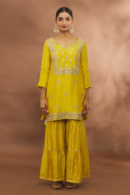Samyukta Singhania Yellow Chanderi, Organza Gota Patti, Tassels Floral Work Kurta Sharara Set Online at Aza Fashions Samyukta Singhania_Yellow Chanderi, Organza Gota Patti, Tassels Floral Work Kurta Sharara Set _Online_at_Aza_Fashions