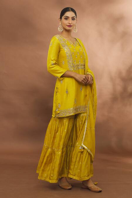 Buy Samyukta Singhania Yellow Chanderi, Organza Gota Patti, Tassels Floral Work Kurta Sharara Set Online at Aza Fashions Buy_Samyukta Singhania_Yellow Chanderi, Organza Gota Patti, Tassels Floral Work Kurta Sharara Set _Online_at_Aza_Fashions