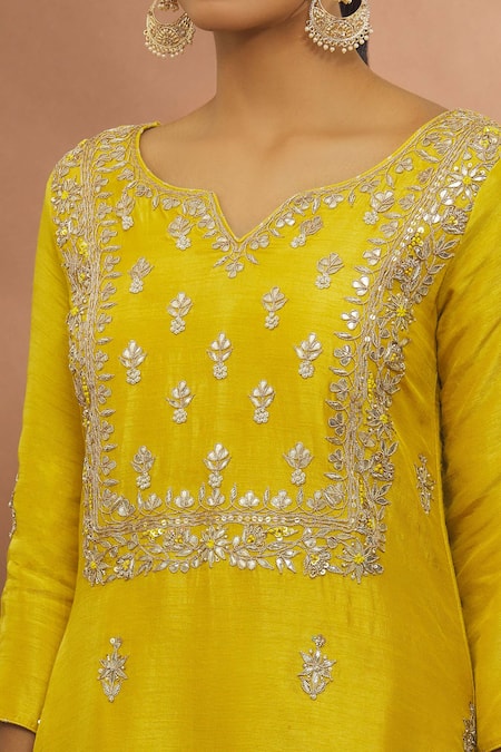 Shop Samyukta Singhania Yellow Chanderi, Organza Gota Patti, Tassels Floral Work Kurta Sharara Set Online at Aza Fashions Shop_Samyukta Singhania_Yellow Chanderi, Organza Gota Patti, Tassels Floral Work Kurta Sharara Set _Online_at_Aza_Fashions