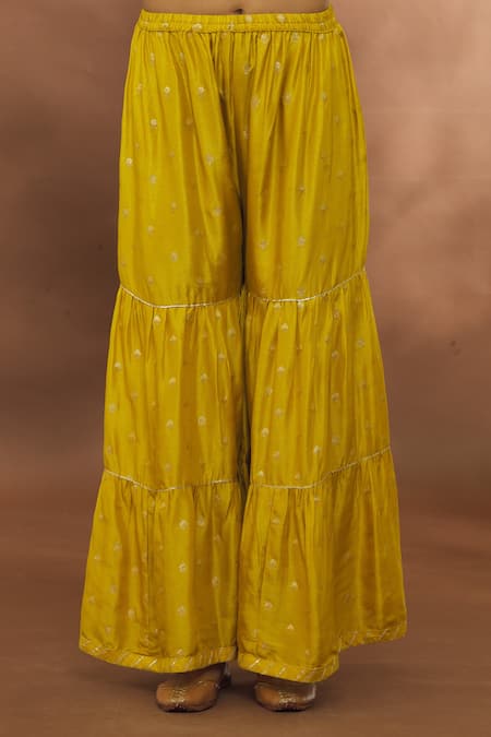 Samyukta Singhania Yellow Chanderi, Organza Gota Patti, Tassels Floral Work Kurta Sharara Set at Aza Fashions Samyukta Singhania_Yellow Chanderi, Organza Gota Patti, Tassels Floral Work Kurta Sharara Set _at_Aza_Fashions