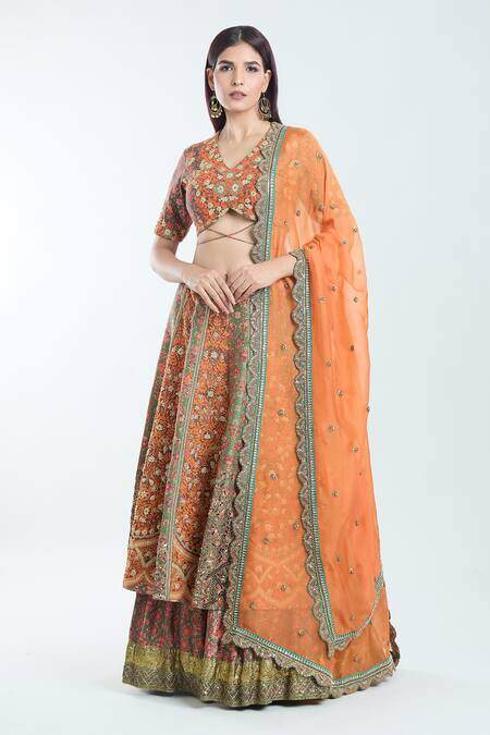 Buy Debyani + CO Green Organza, Chanderi Silk Tassels, Zari, Embroidery Floral Lehenga Set Buy_Debyani + CO_Green Organza, Chanderi Silk Tassels, Zari, Embroidery Floral Lehenga Set