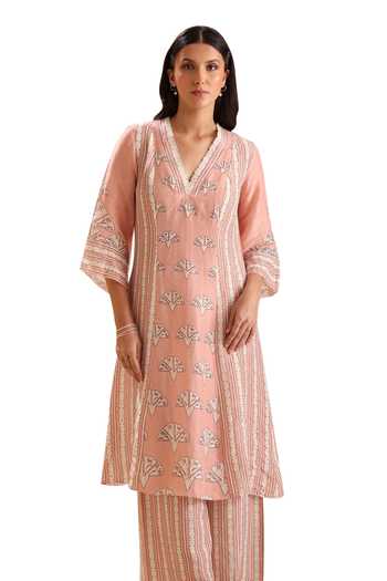Buy Soup By Sougat Paul Peach Linen Crystals V-neck Naqsh Bloom Print Kurta With Pant Online at Aza Fashions Buy_Soup By Sougat Paul_Peach Linen Crystals V-neck Naqsh Bloom Print Kurta With Pant _Online_at_Aza_Fashions