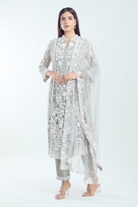 Buy_Seema Gujral_Grey Cotton, Silk, Chiffon Embroidery, Sequins Bandeau Paisley Kurta Pant Set _Online_at_Aza_Fashions