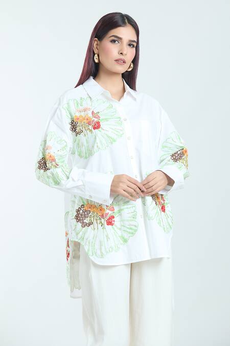 Buy_Rahul Mishra_White Poplin Applique Embroidery Carnation Floral Shirt Collar 