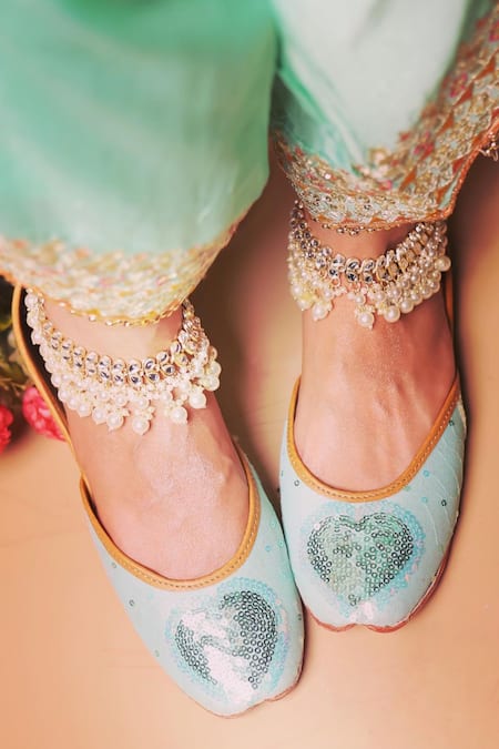 Loryphilory_Sky Blue Amber Sequined Heart Embellished Juttis_Online_at_Aza_Fashions
