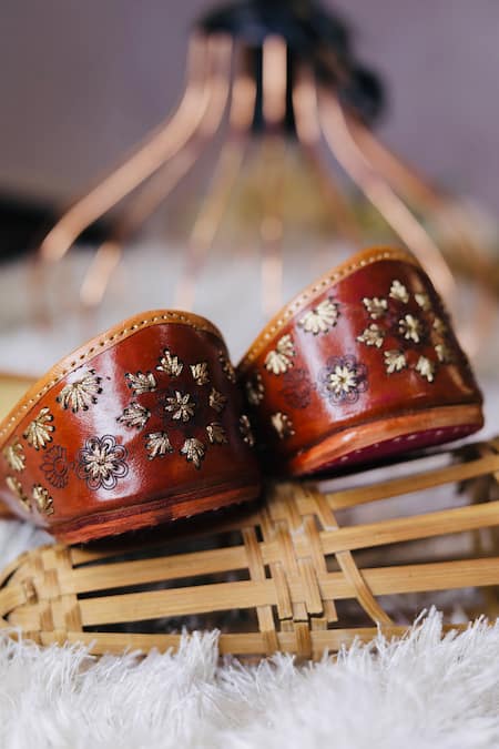 Shop_Loryphilory_Brown Embroidered Floral Juttis _Online_at_Aza_Fashions