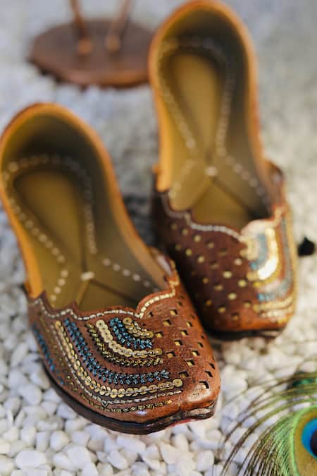 Loryphilory_Brown Folk Lore Sequined Juttis _Online_at_Aza_Fashions