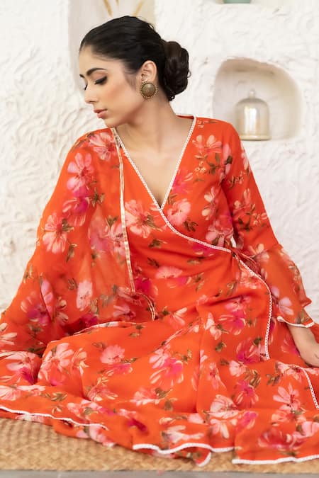 Suti Kapda_Orange Chiffon Embroidery V-neck Floral Print Angarkha Anarkali With Dupatta_Online_at_Aza_Fashions