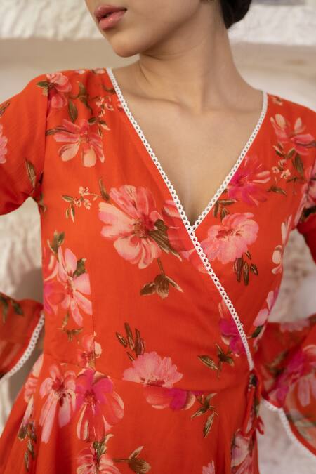 Shop_Suti Kapda_Orange Chiffon Embroidery V-neck Floral Print Angarkha Anarkali With Dupatta_Online_at_Aza_Fashions