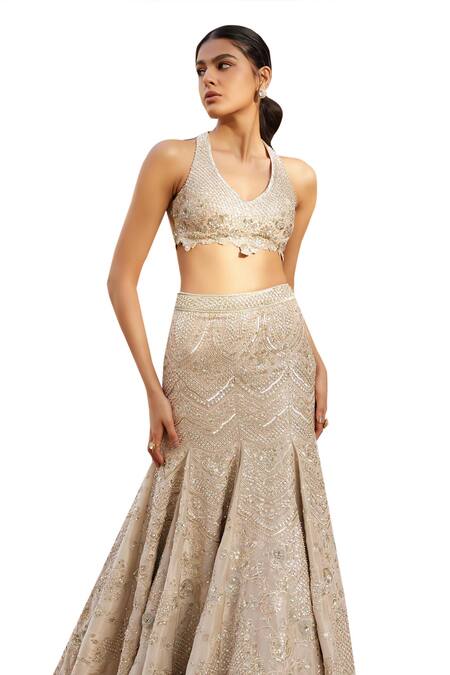 Shop Osaa By Adarsh Beige Tissue, Silk Embroidery, Zari V-neck Crop Top And Fish-cut Skirt Set Shop_Osaa By Adarsh_Beige Tissue, Silk Embroidery, Zari V-neck Crop Top And Fish-cut Skirt Set