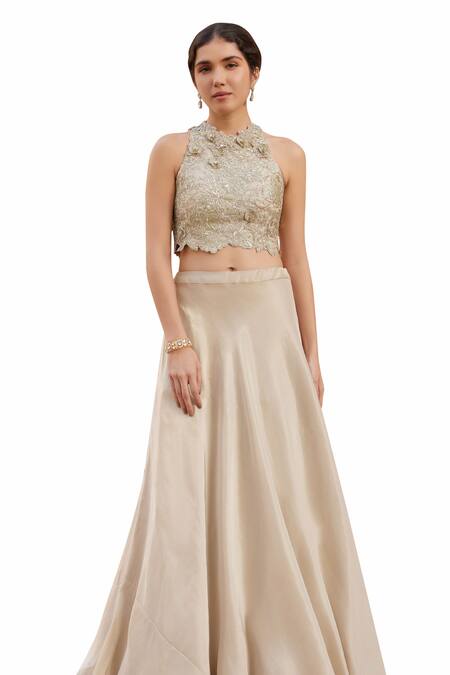 Buy Osaa By Adarsh Beige Tissue, Silk Embroidery, Zari Halter Neck Zardosi Crop Top And Skirt Set Buy_Osaa By Adarsh_Beige Tissue, Silk Embroidery, Zari Halter Neck Zardosi Crop Top And Skirt Set