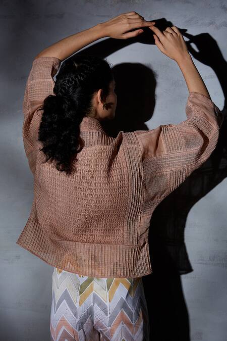 Shikha Malik_Brown Kota Doria Open Neck Bhavah Hand Pleated Shrug _Online_at_Aza_Fashions