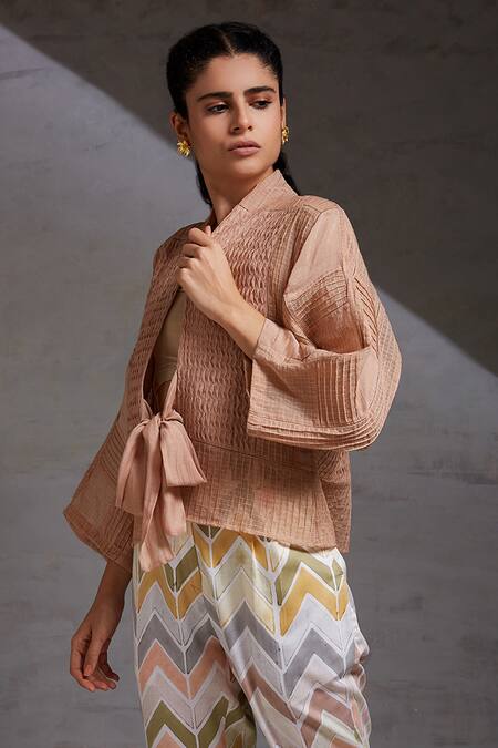 Buy_Shikha Malik_Brown Kota Doria Open Neck Bhavah Hand Pleated Shrug _Online_at_Aza_Fashions