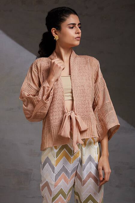 Shop_Shikha Malik_Brown Kota Doria Open Neck Bhavah Hand Pleated Shrug _Online_at_Aza_Fashions