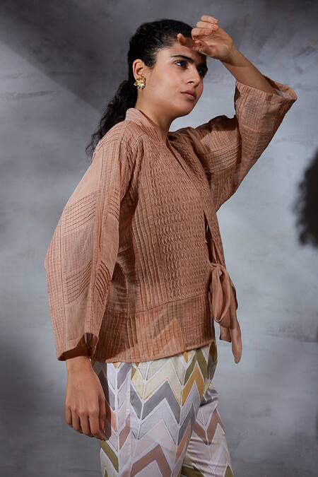 Shikha Malik_Brown Kota Doria Open Neck Bhavah Hand Pleated Shrug _at_Aza_Fashions