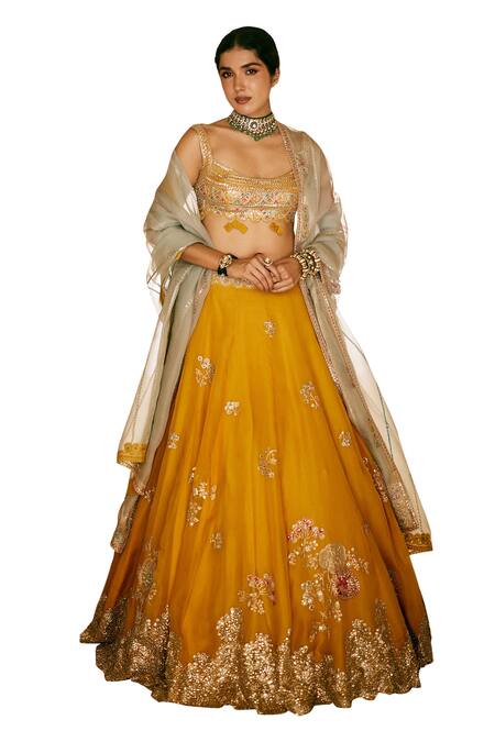 Shop_Osaa By Adarsh_Orange Organza Diamonds, Embroidery Round Neck Aari Blouse Lehenga Set 