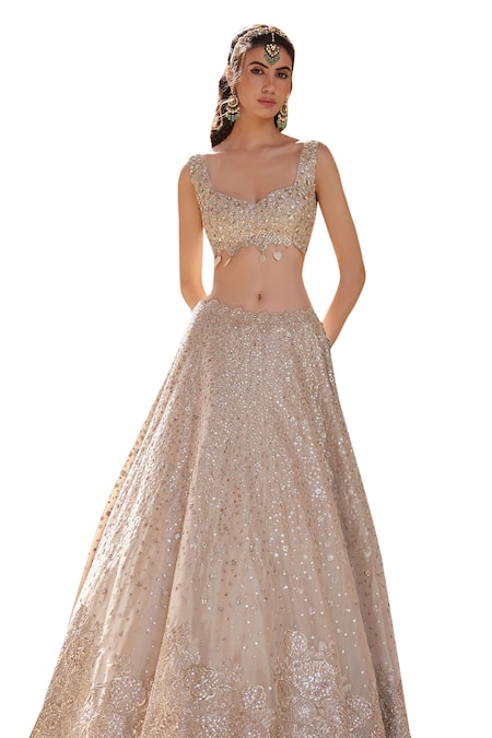 Shop_Osaa By Adarsh_Beige Silk, Tissue Embroidery, Sequins, Zari V-neck Zardosi Blouse Lehenga Set 