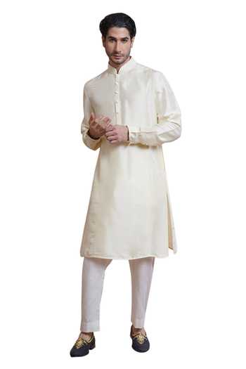 Shop_House Of Supriya_Off White Kurta Cotton Silk Solid Cuff Sleeves With Pant