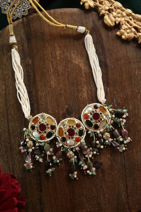 Paisley Pop_Multi Color Navratan Stone Embellished Necklace _Online_at_Aza_Fashions