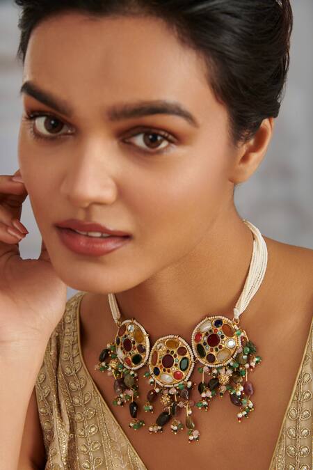 Buy_Paisley Pop_Multi Color Navratan Stone Embellished Necklace _Online_at_Aza_Fashions