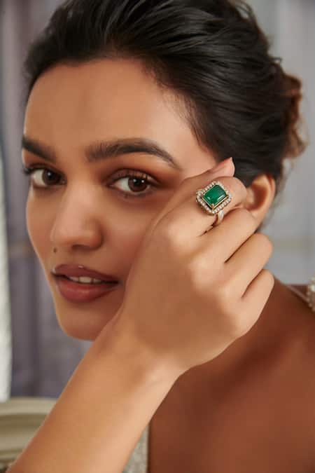 Buy_Paisley Pop_Green Stones, Crystals Emerald And Cubic Zirconia Embellished Ring _Online_at_Aza_Fashions