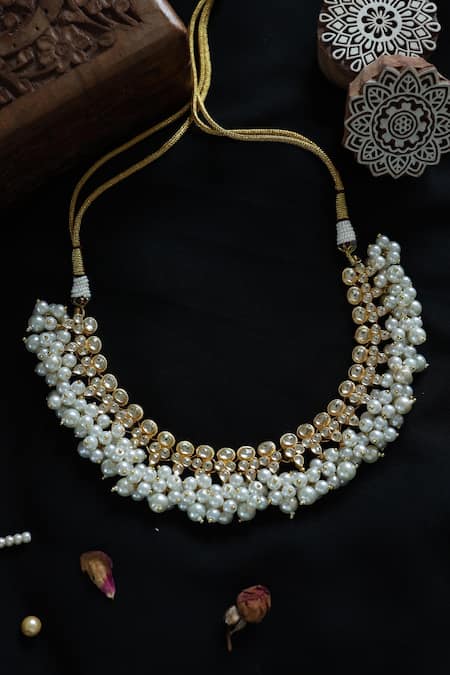 Shop Paisley Pop Gold Plated Kundan And Pearl Embellished Necklace at Aza Fashions Shop_Paisley Pop_Gold Plated Kundan And Pearl Embellished Necklace _at_Aza_Fashions