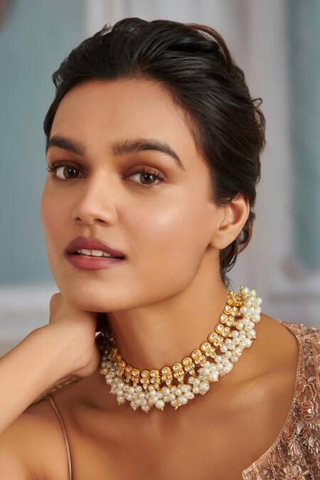 Paisley Pop Gold Plated Kundan And Pearl Embellished Necklace Online at Aza Fashions Paisley Pop_Gold Plated Kundan And Pearl Embellished Necklace _Online_at_Aza_Fashions