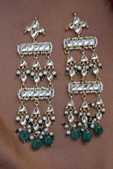Shop Paisley Pop Green Beads, Diamonds Kundan Embellished Drop Earrings at Aza Fashions Shop_Paisley Pop_Green Beads, Diamonds Kundan Embellished Drop Earrings _at_Aza_Fashions