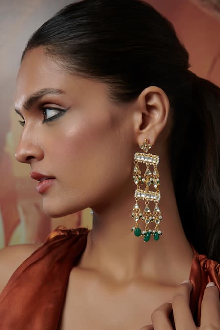 Paisley Pop Green Beads, Diamonds Kundan Embellished Drop Earrings Online at Aza Fashions Paisley Pop_Green Beads, Diamonds Kundan Embellished Drop Earrings _Online_at_Aza_Fashions