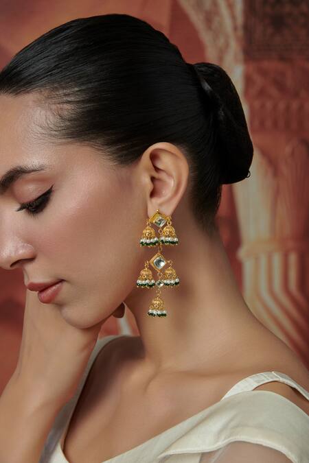 Paisley Pop_Gold Plated Pearls, Diamonds Kundan Embellished Jhumka Earrings _Online_at_Aza_Fashions
