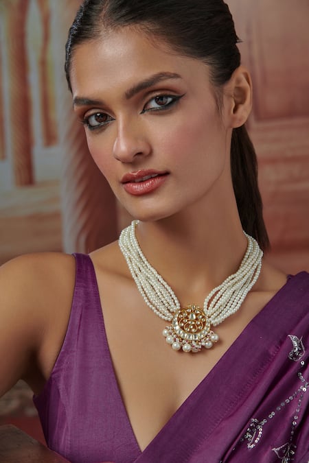 Paisley Pop_Gold Plated Kundan Chand Bloom Pearl Pendant Necklace _Online_at_Aza_Fashions