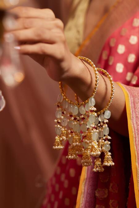 Paisley Pop_Green Pearls, Stones Fluorite Embellished Jhumki Kalira Bangles 2 Pcs _Online_at_Aza_Fashions