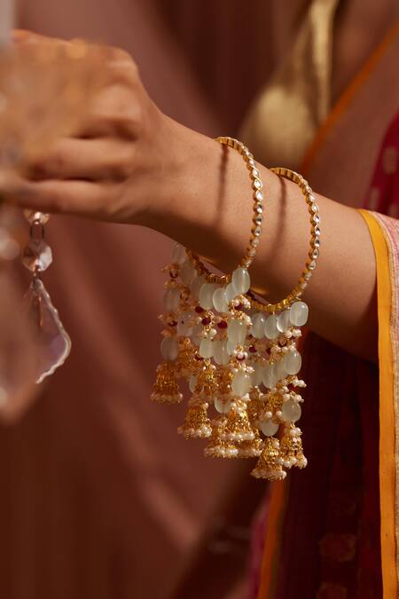 Shop_Paisley Pop_Green Pearls, Stones Fluorite Embellished Jhumki Kalira Bangles 2 Pcs _Online_at_Aza_Fashions