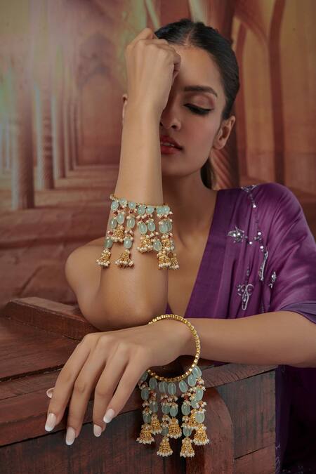 Paisley Pop_Green Pearls, Stones Fluorite Embellished Jhumki Kalira Bangles 2 Pcs _at_Aza_Fashions