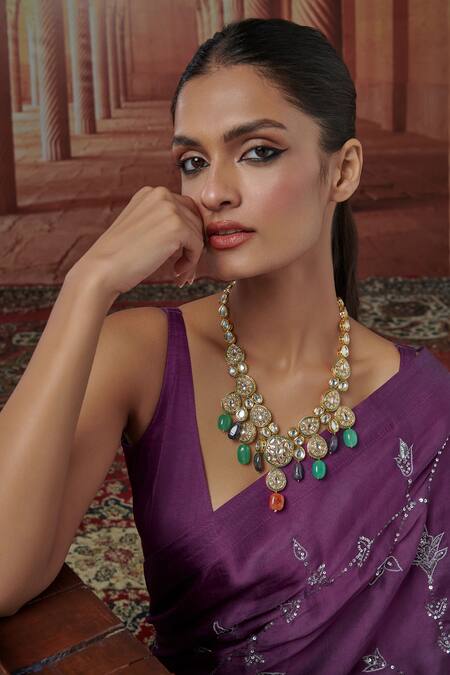 Paisley Pop_Multi Color Phoolista Kundan And Stone Embellished Necklace _Online_at_Aza_Fashions
