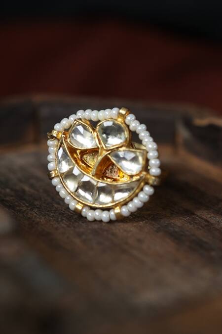 Shop Paisley Pop Gold Plated Pearls Kundan And Floret Ring Online at Aza Fashions Shop_Paisley Pop_Gold Plated Pearls Kundan And Floret Ring _Online_at_Aza_Fashions